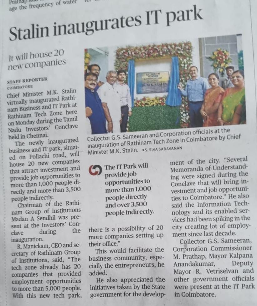 Rathinam IT Park Phase-II virtually  inaugurated  by Thiru M.K Stalin, Chief Minister, Govt of TamilNadu
